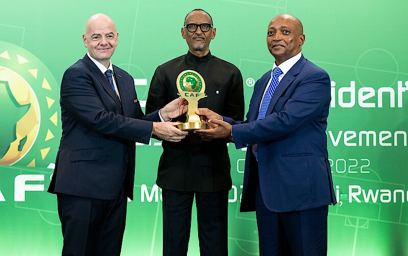 President Paul Kagame receiving the CAF Outstanding Achievement award in recognition of his contribution in advancing African football. /Urugwiro Village
